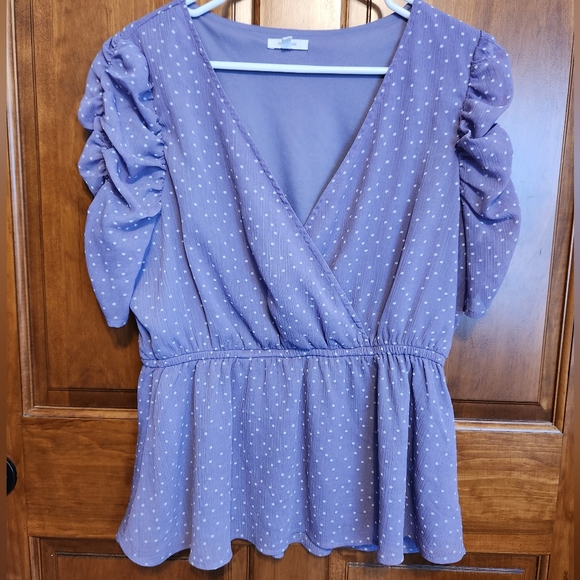 Maurices Tops - Maurices EUC Ladies Purple Polka-dot Blouse.  Size L.  Ruffle sleeves.